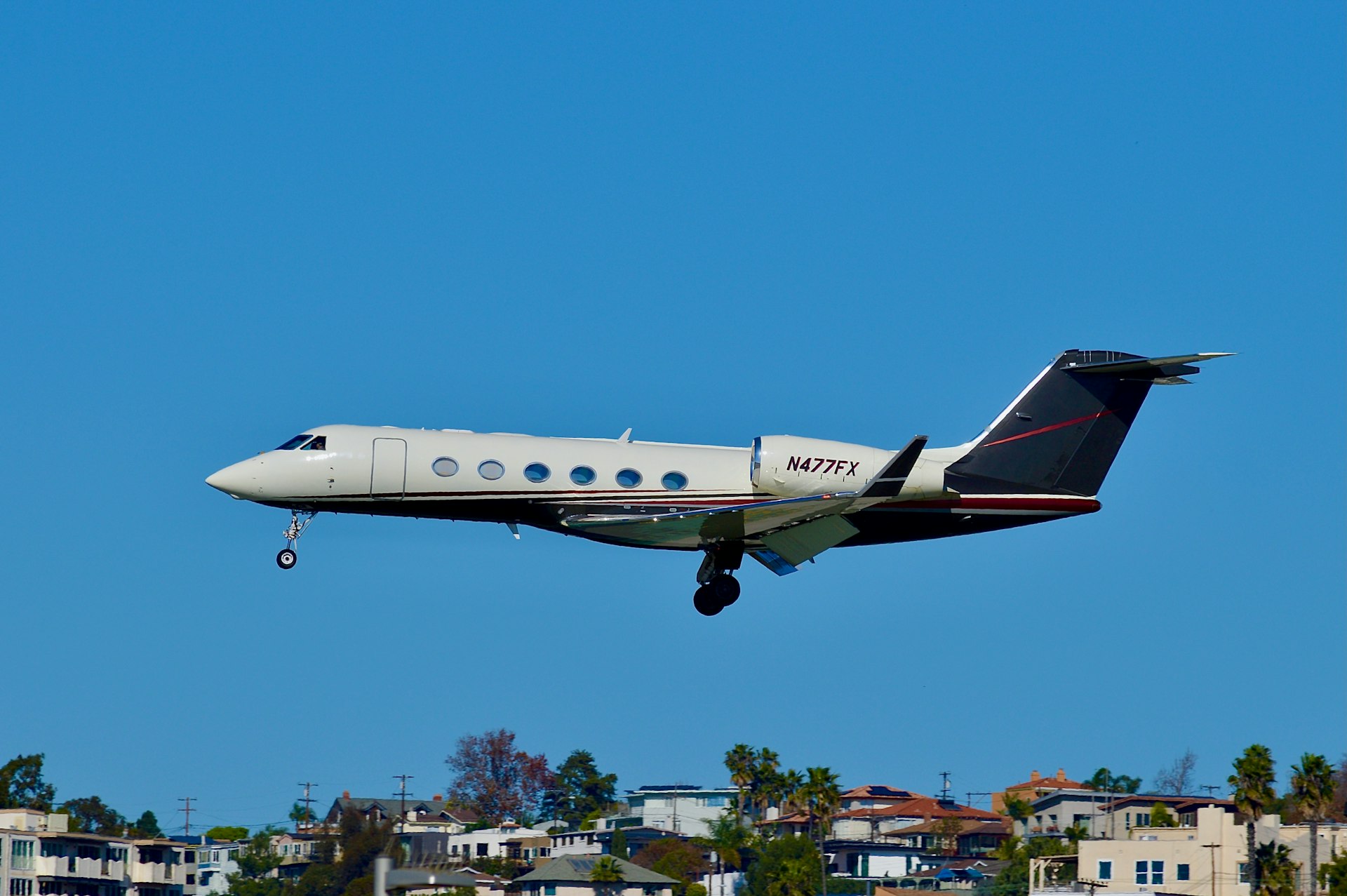 A private jet flying against a clear blue sky